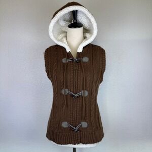 Keren Hart Brown Cable Knit Sherpa Lined Hooded Toggle Sweater Vest Sz Small